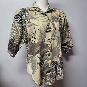 Rhapsody Safari Shirt‎ Shoukder Pads Vintage Womens Medium Zebra Button Up Down